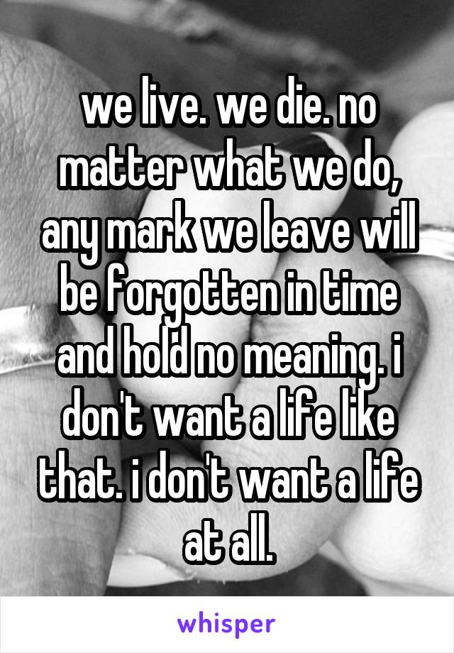 we live. we die. no matter what we do, any mark we leave will be forgotten in time and hold no meaning. i don't want a life like that. i don't want a life at all.