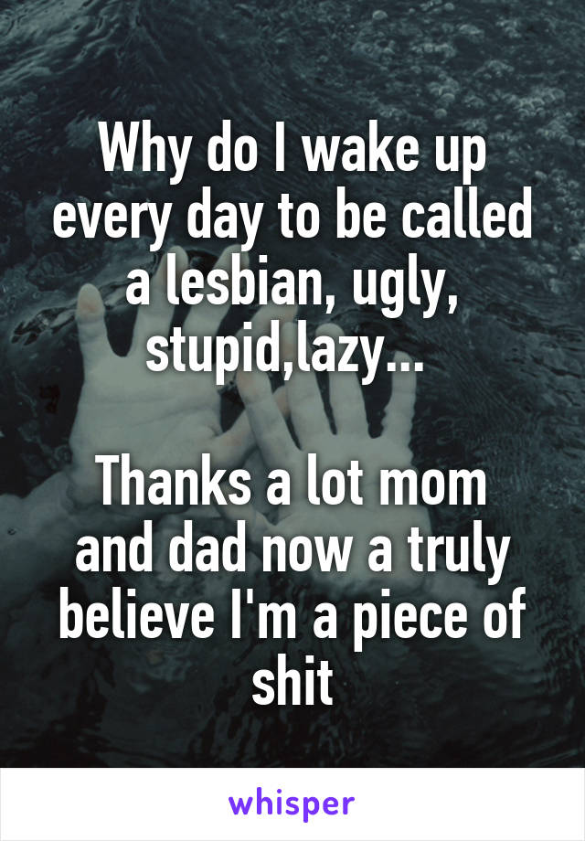 Why do I wake up every day to be called a lesbian, ugly, stupid,lazy... 

Thanks a lot mom and dad now a truly believe I'm a piece of shit