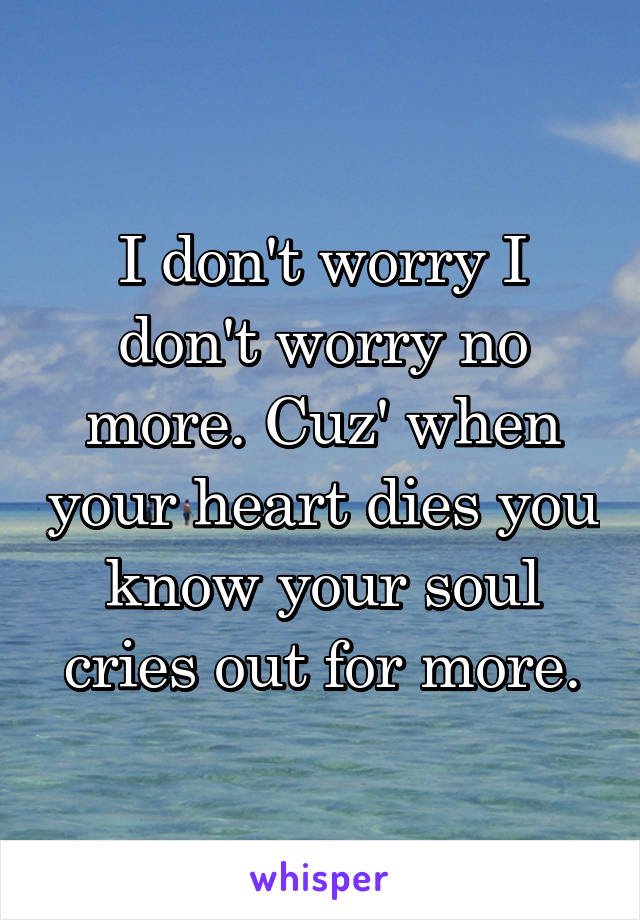 I don't worry I don't worry no more. Cuz' when your heart dies you know your soul cries out for more.