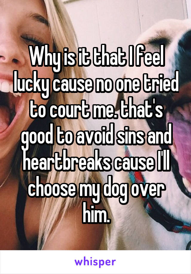 Why is it that I feel lucky cause no one tried to court me. that's good to avoid sins and heartbreaks cause I'll choose my dog over him.