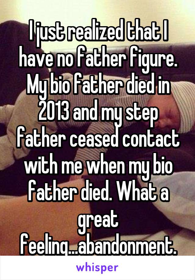 I just realized that I have no father figure. My bio father died in 2013 and my step father ceased contact with me when my bio father died. What a great feeling...abandonment.