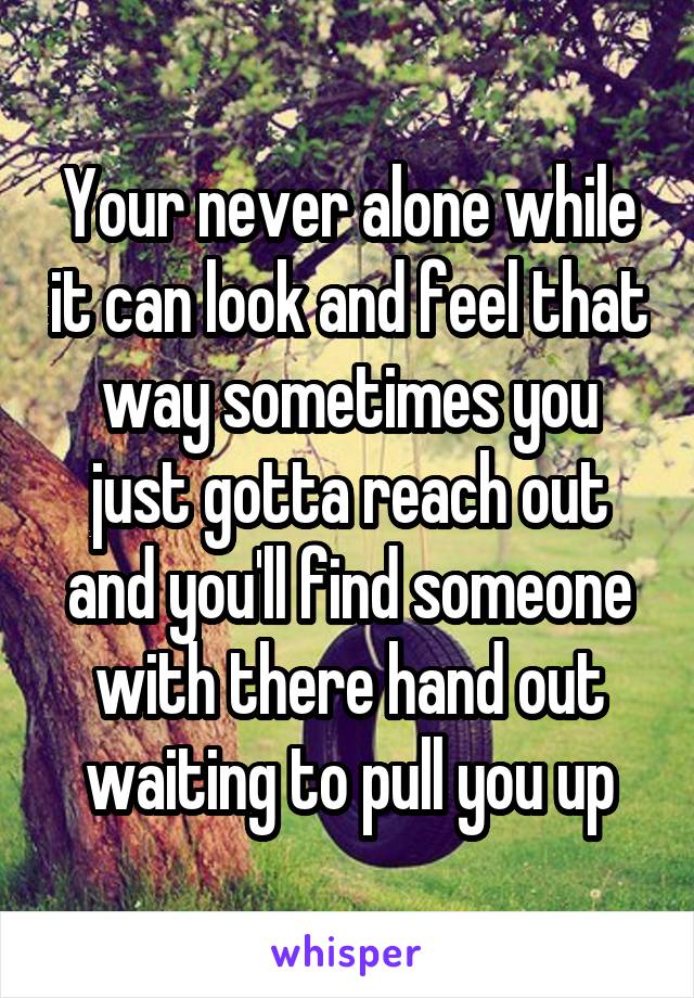 Your never alone while it can look and feel that way sometimes you just gotta reach out and you'll find someone with there hand out waiting to pull you up