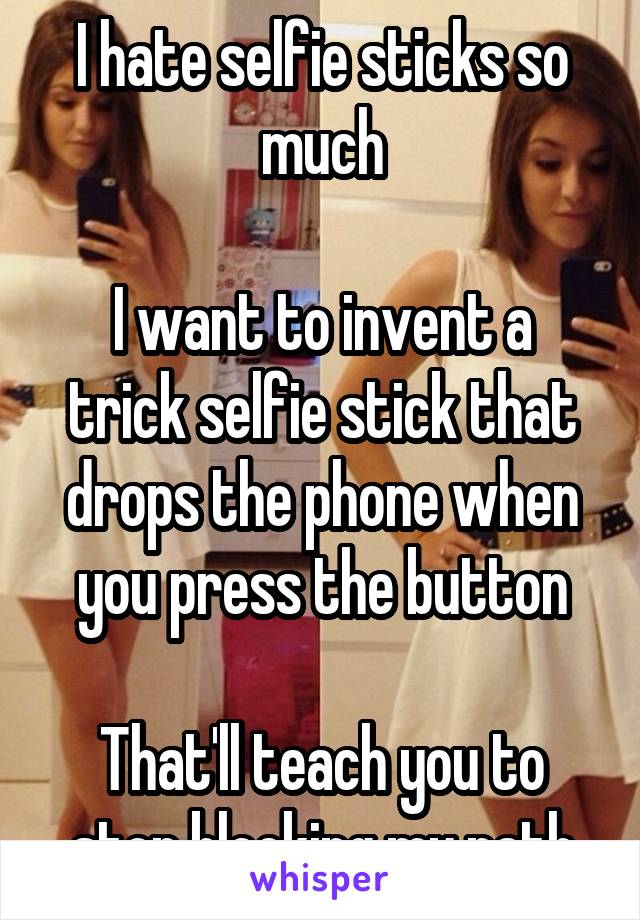 I hate selfie sticks so much

I want to invent a trick selfie stick that drops the phone when you press the button

That'll teach you to stop blocking my path