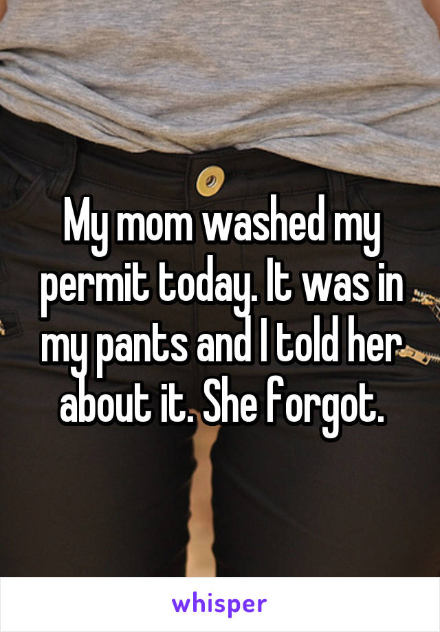 My mom washed my permit today. It was in my pants and I told her about it. She forgot.