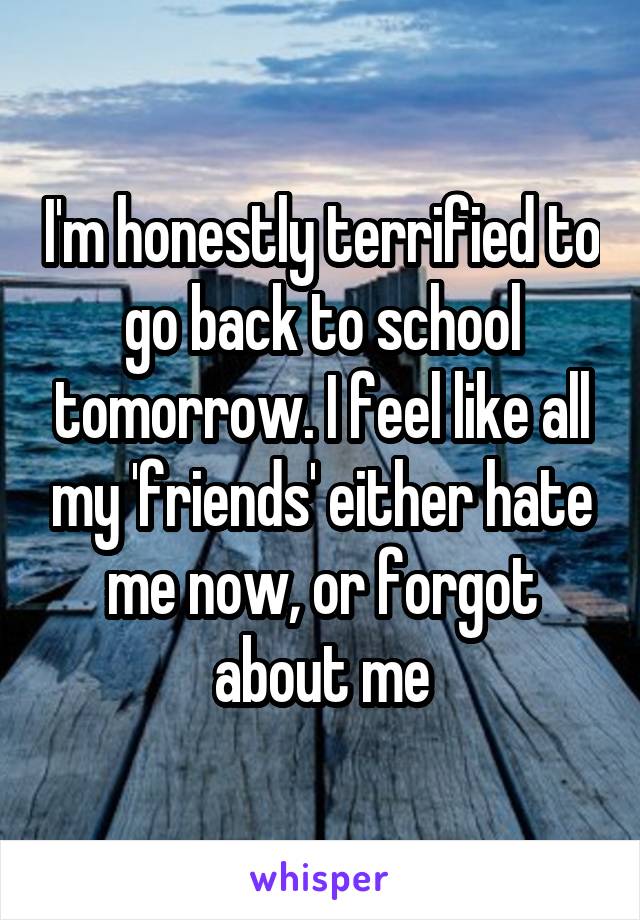 I'm honestly terrified to go back to school tomorrow. I feel like all my 'friends' either hate me now, or forgot about me