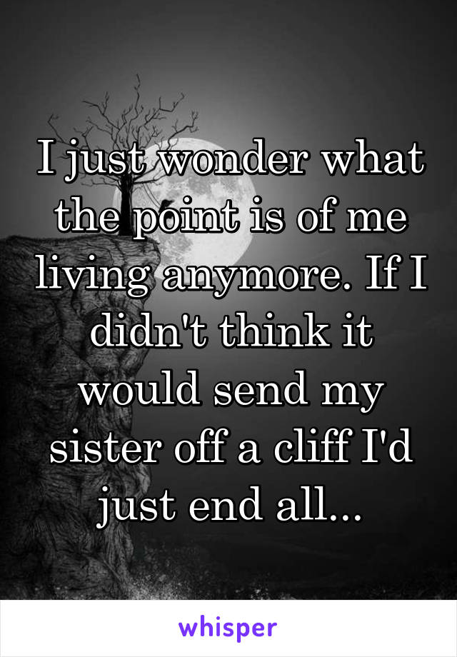 I just wonder what the point is of me living anymore. If I didn't think it would send my sister off a cliff I'd just end all...