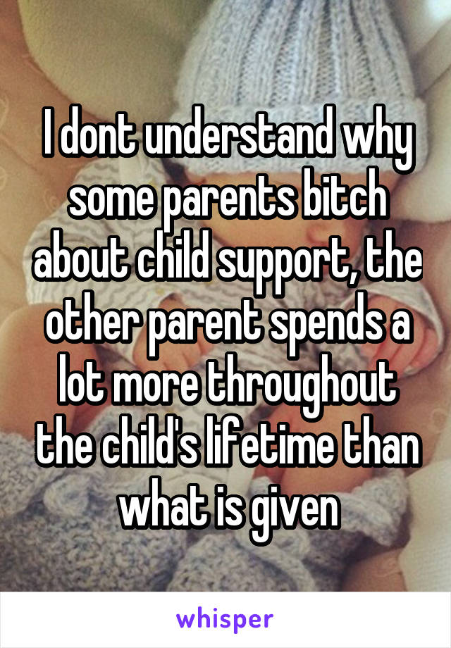 I dont understand why some parents bitch about child support, the other parent spends a lot more throughout the child's lifetime than what is given