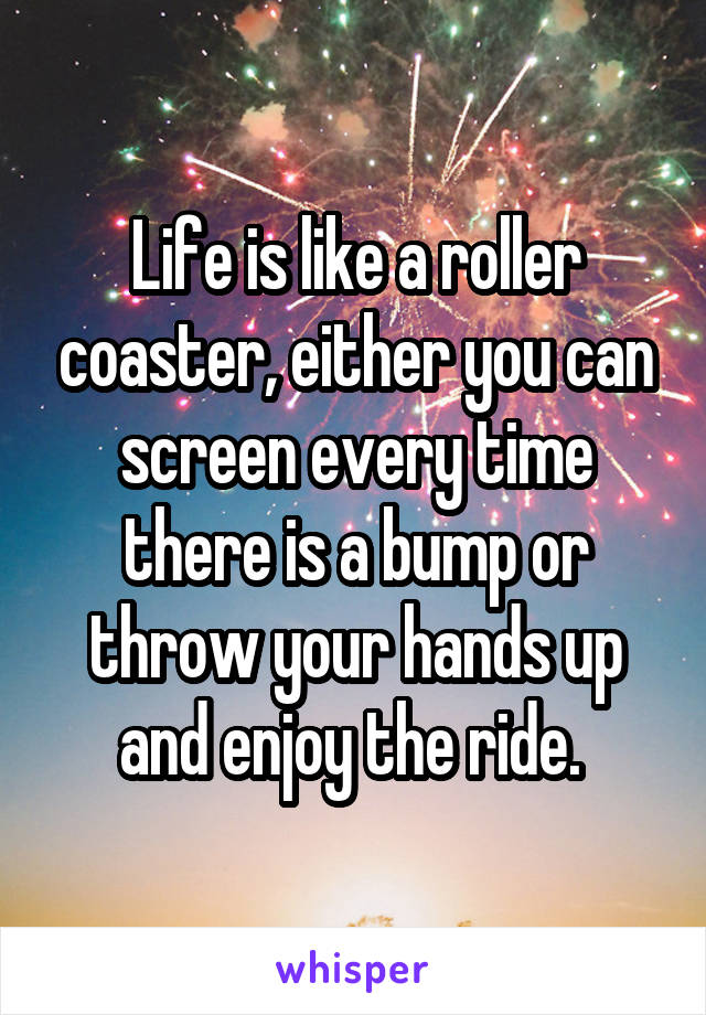 Life is like a roller coaster, either you can screen every time there is a bump or throw your hands up and enjoy the ride. 