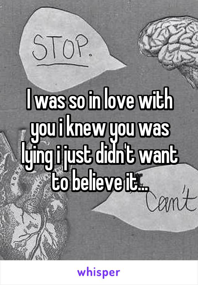 I was so in love with you i knew you was lying i just didn't want to believe it...