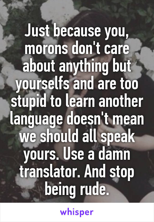 Just because you, morons don't care about anything but yourselfs and are too stupid to learn another language doesn't mean we should all speak yours. Use a damn translator. And stop being rude.