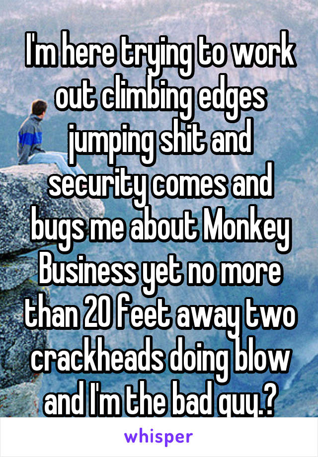 I'm here trying to work out climbing edges jumping shit and security comes and bugs me about Monkey Business yet no more than 20 feet away two crackheads doing blow and I'm the bad guy.?