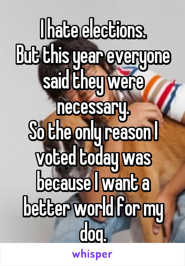 I hate elections.
But this year everyone said they were necessary.
So the only reason I voted today was because I want a better world for my dog.