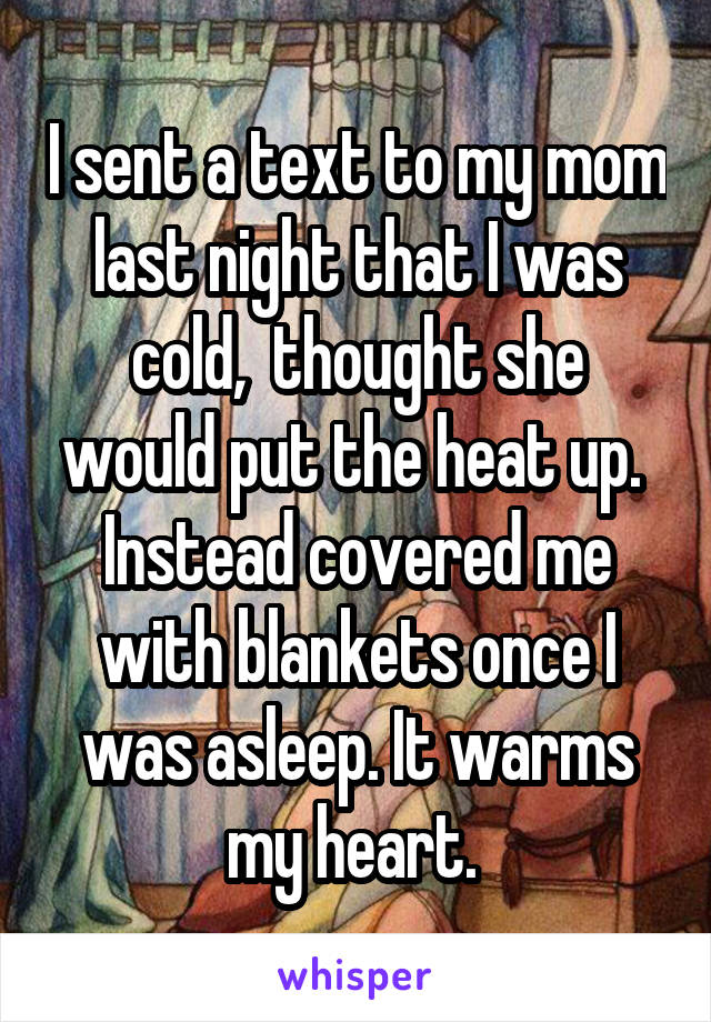 I sent a text to my mom last night that I was cold,  thought she would put the heat up.  Instead covered me with blankets once I was asleep. It warms my heart. 