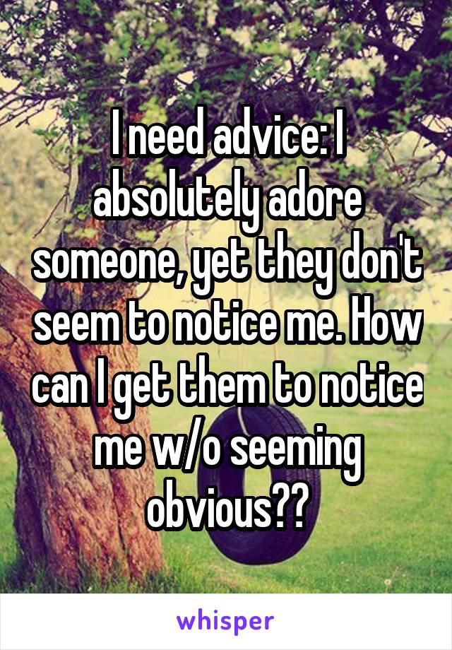 I need advice: I absolutely adore someone, yet they don't seem to notice me. How can I get them to notice me w/o seeming obvious??