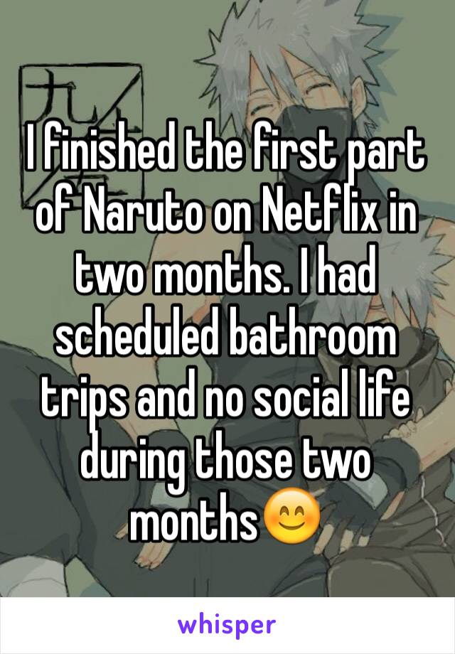 I finished the first part of Naruto on Netflix in two months. I had scheduled bathroom trips and no social life during those two months😊