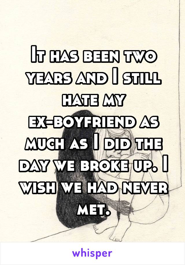 It has been two years and I still hate my ex-boyfriend as much as I did the day we broke up. I wish we had never met.