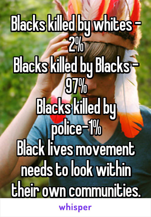 Blacks killed by whites - 2%
Blacks killed by Blacks - 97%
Blacks killed by police-1%
Black lives movement needs to look within their own communities.