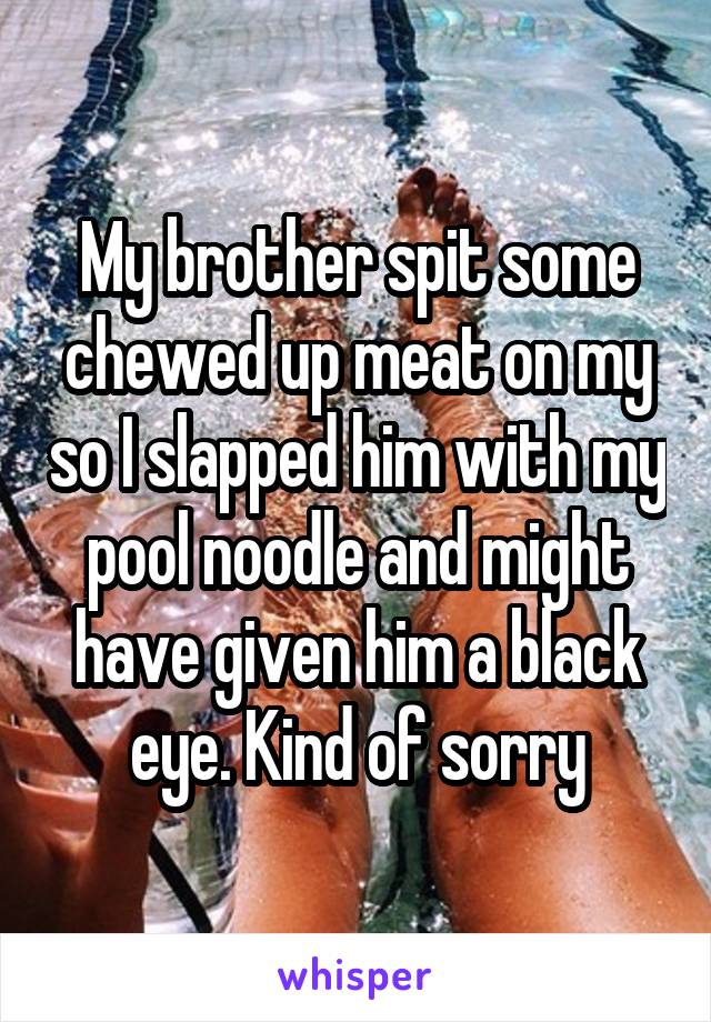 My brother spit some chewed up meat on my so I slapped him with my pool noodle and might have given him a black eye. Kind of sorry