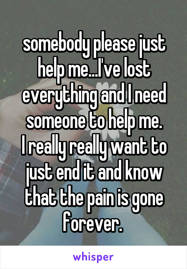 somebody please just help me...I've lost everything and I need someone to help me.
I really really want to just end it and know that the pain is gone forever. 