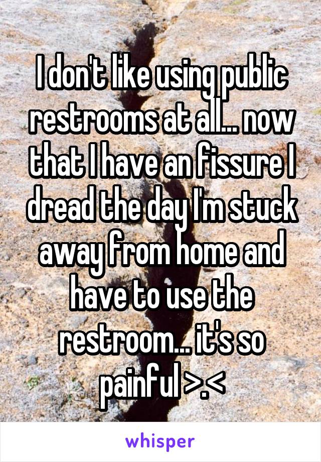 I don't like using public restrooms at all... now that I have an fissure I dread the day I'm stuck away from home and have to use the restroom... it's so painful >.<