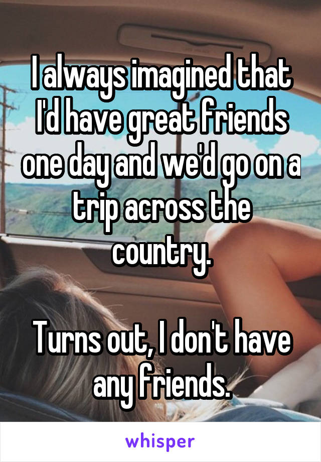 I always imagined that I'd have great friends one day and we'd go on a trip across the country.

Turns out, I don't have any friends.