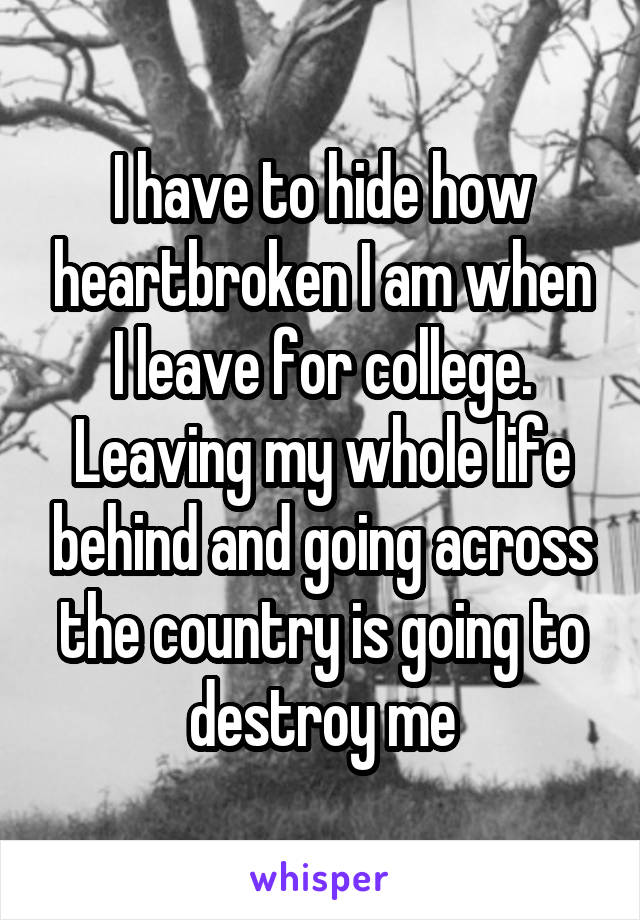 I have to hide how heartbroken I am when I leave for college. Leaving my whole life behind and going across the country is going to destroy me