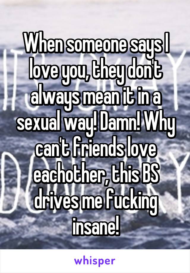 When someone says I love you, they don't always mean it in a sexual way! Damn! Why can't friends love eachother, this BS drives me fucking insane!