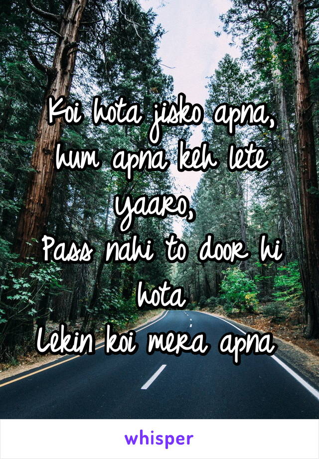 Koi hota jisko apna, hum apna keh lete yaaro, 
Pass nahi to door hi hota
Lekin koi mera apna 