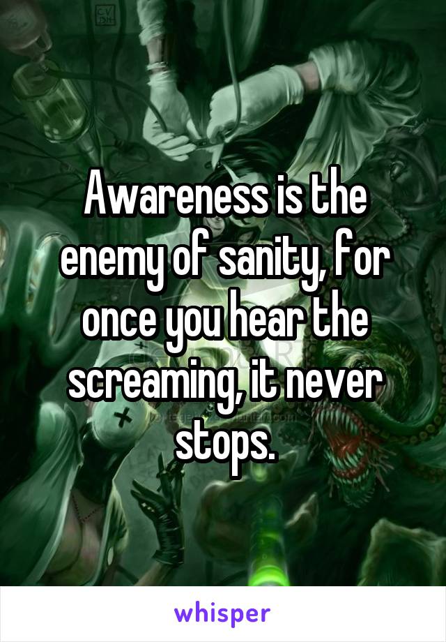 Awareness is the enemy of sanity, for once you hear the screaming, it never stops.