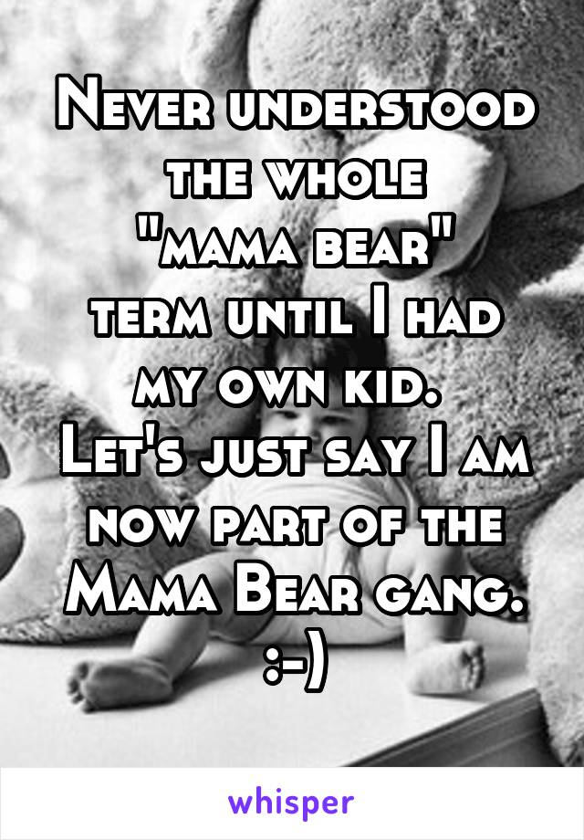 Never understood the whole
 "mama bear" 
term until I had my own kid. 
Let's just say I am now part of the Mama Bear gang.
:-)
