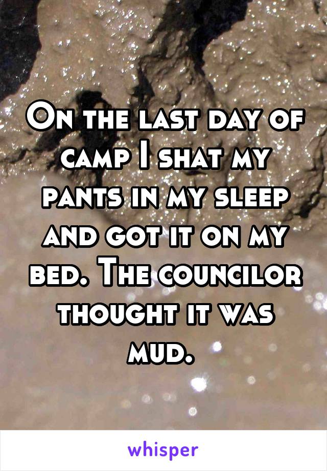 On the last day of camp I shat my pants in my sleep and got it on my bed. The councilor thought it was mud. 