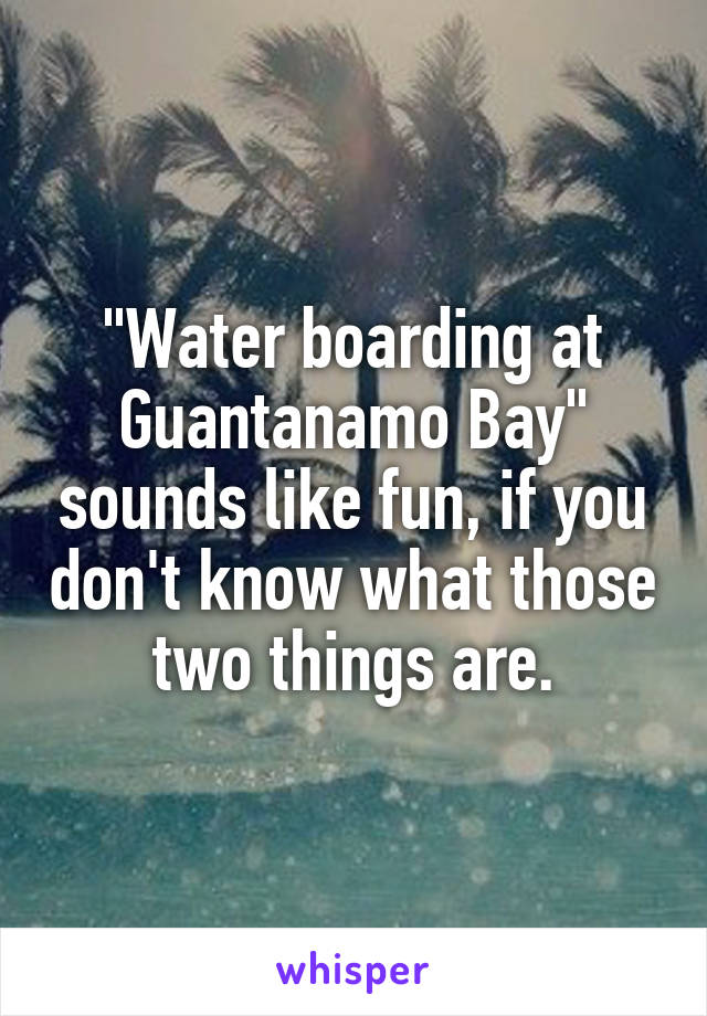 "Water boarding at Guantanamo Bay" sounds like fun, if you don't know what those two things are.