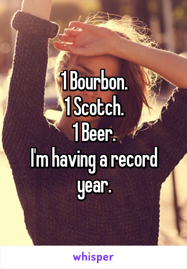 1 Bourbon.
1 Scotch.
1 Beer.
I'm having a record year.