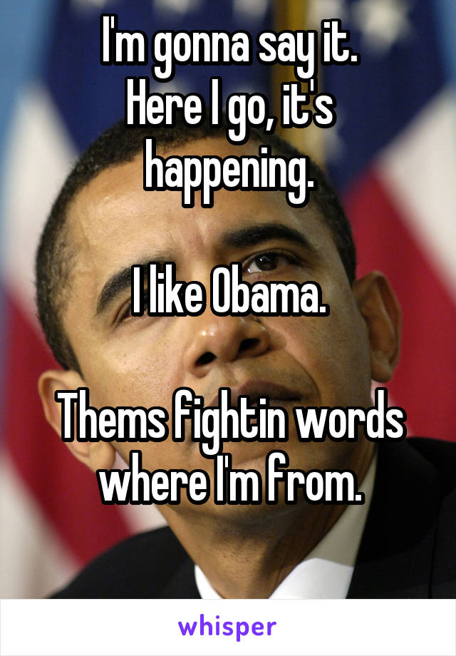 I'm gonna say it.
Here I go, it's happening.

I like Obama.

Thems fightin words where I'm from.

