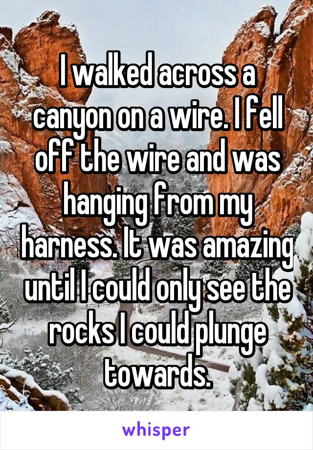 I walked across a canyon on a wire. I fell off the wire and was hanging from my harness. It was amazing until I could only see the rocks I could plunge towards.