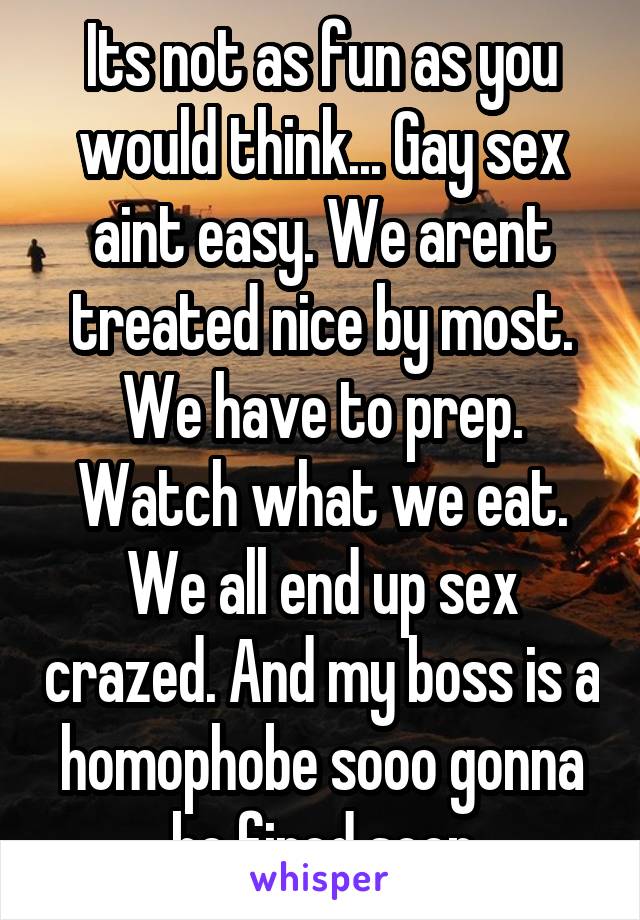 Its not as fun as you would think... Gay sex aint easy. We arent treated nice by most. We have to prep. Watch what we eat. We all end up sex crazed. And my boss is a homophobe sooo gonna be fired soon