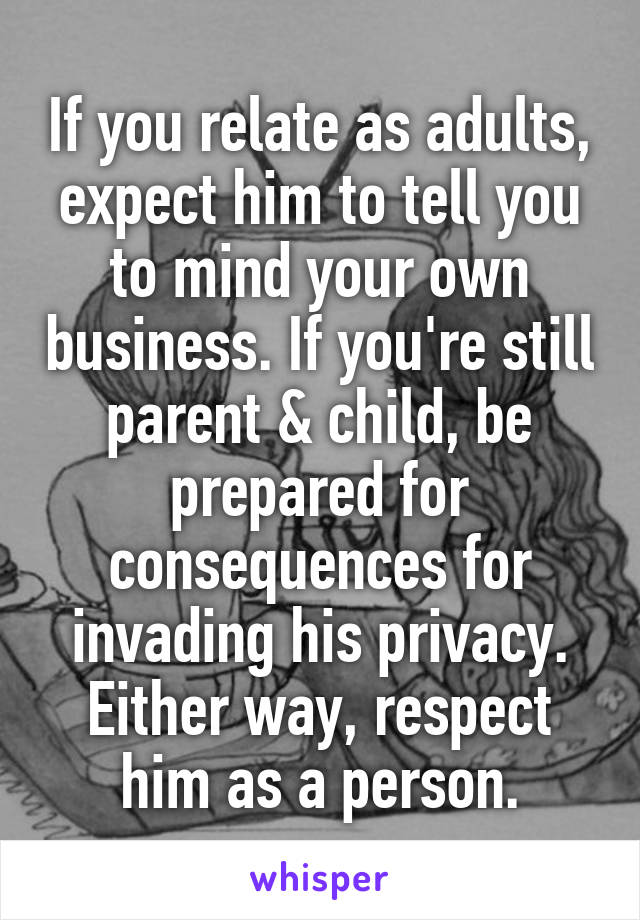 If you relate as adults, expect him to tell you to mind your own business. If you're still parent & child, be prepared for consequences for invading his privacy. Either way, respect him as a person.