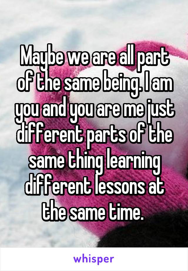 Maybe we are all part of the same being. I am you and you are me just different parts of the same thing learning different lessons at the same time. 