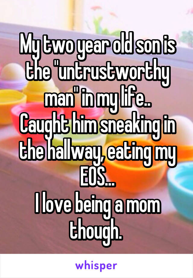 My two year old son is the "untrustworthy man" in my life..
Caught him sneaking in the hallway, eating my EOS...
I love being a mom though. 