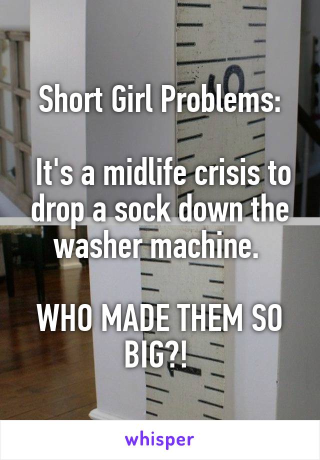 Short Girl Problems:

 It's a midlife crisis to drop a sock down the washer machine. 

WHO MADE THEM SO BIG?! 