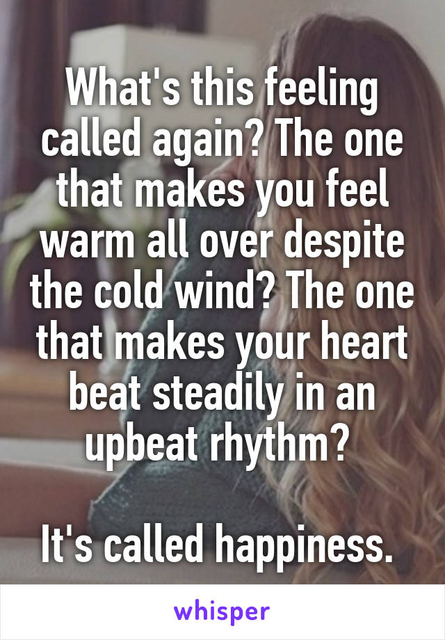 What's this feeling called again? The one that makes you feel warm all over despite the cold wind? The one that makes your heart beat steadily in an upbeat rhythm? 

It's called happiness. 