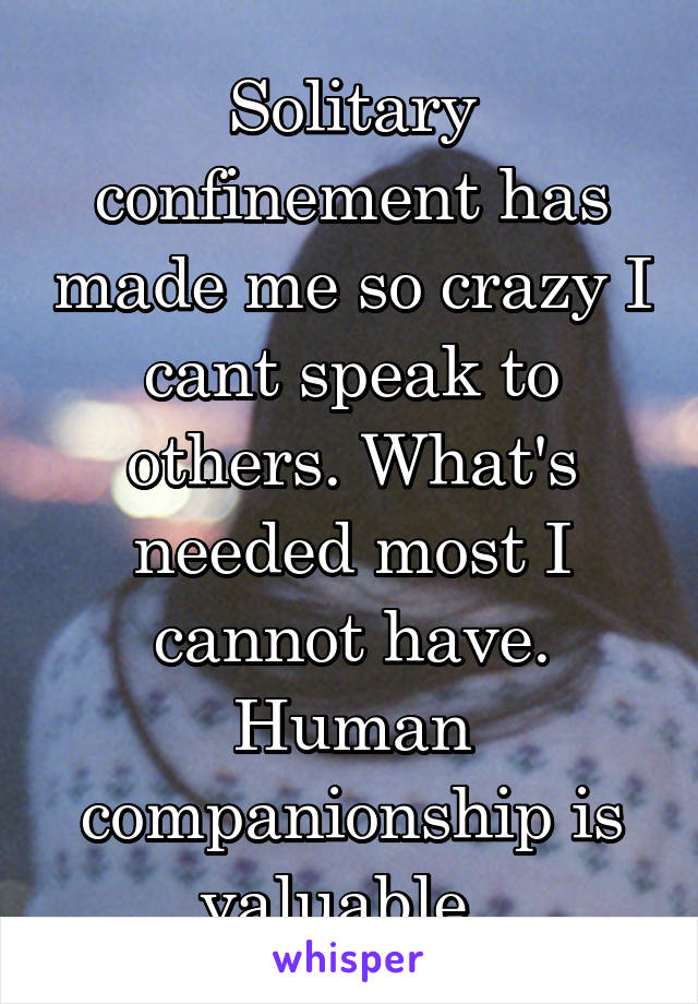 Solitary confinement has made me so crazy I cant speak to others. What's needed most I cannot have. Human companionship is valuable. 