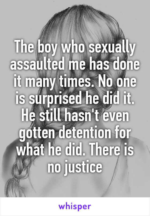 The boy who sexually assaulted me has done it many times. No one is surprised he did it. He still hasn't even gotten detention for what he did. There is no justice