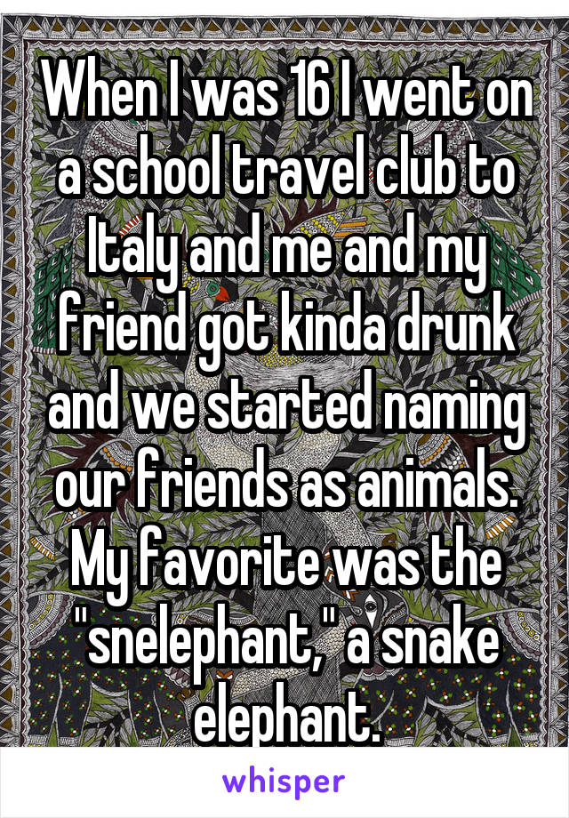 When I was 16 I went on a school travel club to Italy and me and my friend got kinda drunk and we started naming our friends as animals. My favorite was the "snelephant," a snake elephant.