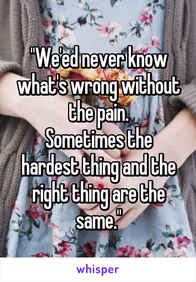 "We'ed never know what's wrong without the pain.
Sometimes the hardest thing and the right thing are the same."