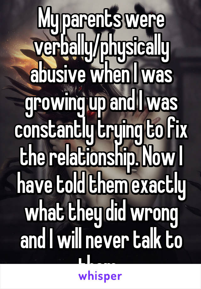 My parents were verbally/physically abusive when I was growing up and I was constantly trying to fix the relationship. Now I have told them exactly what they did wrong and I will never talk to them. 