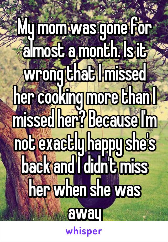 My mom was gone for almost a month. Is it wrong that I missed her cooking more than I missed her? Because I'm not exactly happy she's back and I didn't miss her when she was away