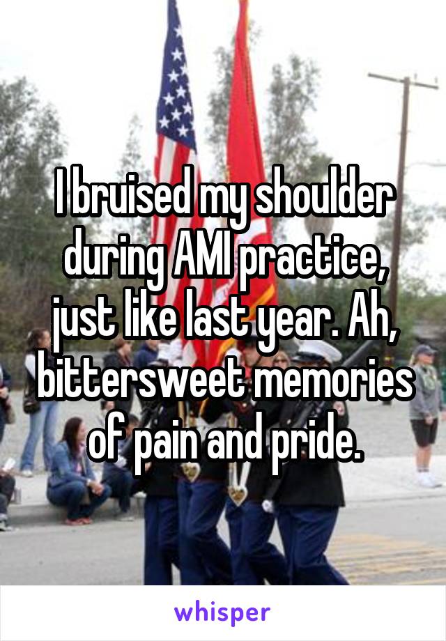 I bruised my shoulder during AMI practice, just like last year. Ah, bittersweet memories of pain and pride.