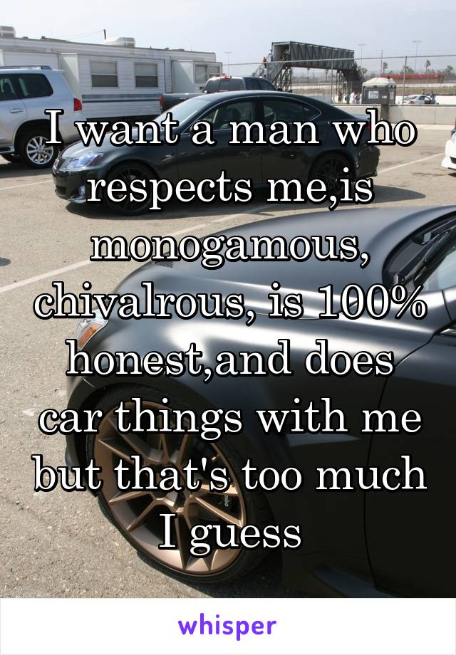 I want a man who respects me,is monogamous, chivalrous, is 100% honest,and does car things with me but that's too much I guess