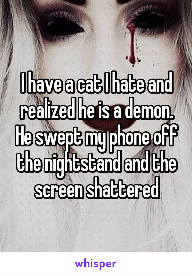 I have a cat I hate and realized he is a demon. He swept my phone off the nightstand and the screen shattered